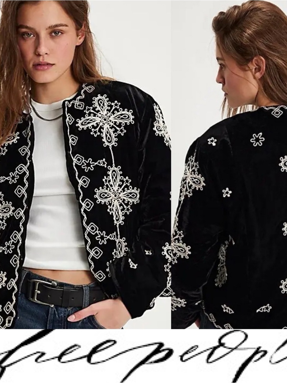 Free People Black Embroidered Velvet Mia Jacket❤️ NWOT Boxy Boho Crop